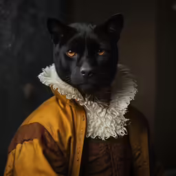 a black cat with yellow eyes wearing a gold jacket