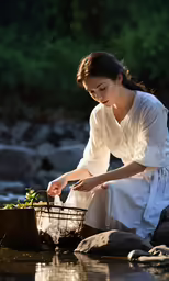 a woman is sitting on rocks near water