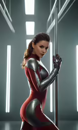 a young woman in futuristic red and silver outfit