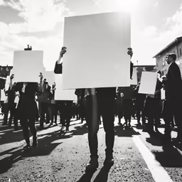 people carrying placares on one hand and a sign above their head in a black and white photo