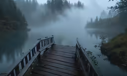 a wooden pier with a boat on it next to trees