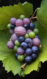some berries hanging on a green leaf with water drops