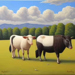 painting depicting a couple of sheep on a farm land,two cows are shown standing near each other in a field