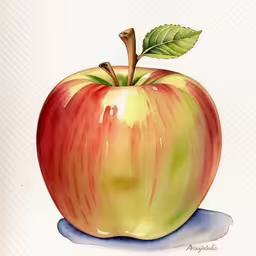 a drawing of an apple with green leaves,an image of a painting of an apple