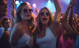 two women with sunglasses on are dancing at a concert