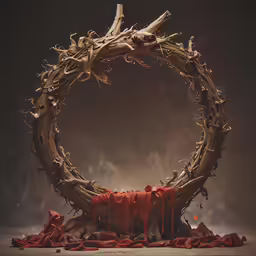 a crown made of branches and red fabric and candles