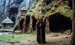 a woman stands outside of a hut in a forest