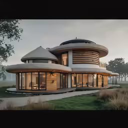 a large round house that is in the middle of a field