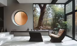 an interior photo with trees and the sun in the window