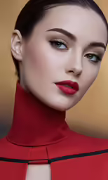a model wearing red and gold makeup, with her hair up in a bun