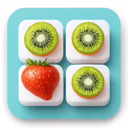 a tray with four fruit pieces and a strawberry on one