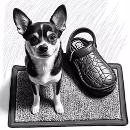 a small dog on a towel next to a shoe
