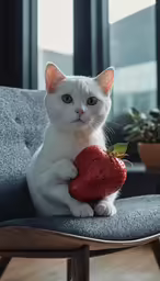 a white cat holding a strawberries heart in his paws