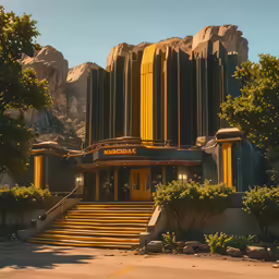 there are steps leading up to a theatre that is built on the side of a rock face
