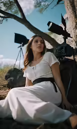 the young woman sits under the shade of a tree near a film camera