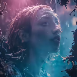a man with long hair is standing underneath water