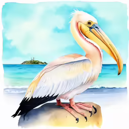a pelican standing on a rock looking into the distance