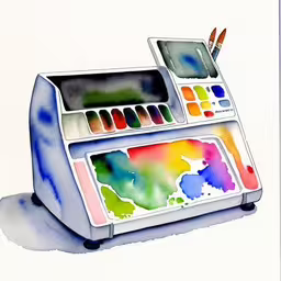 a watercolor art machine with some paint splatches,a photo of watercolic paints on a pencil and ink roller