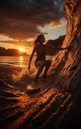 a woman riding a wave on top of a surfboard