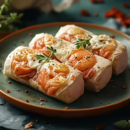 there are salmons and eggs in bread on the plate