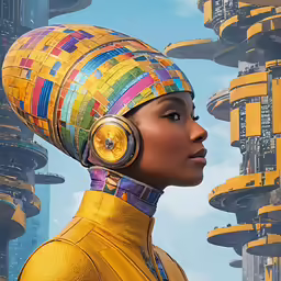 a woman with big round earrings and a headdress