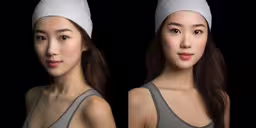 two images of an asian girl in grey tank top and grey top with white head bands,two photos of a woman with a white headband
