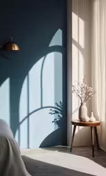 bedroom scene with lamp and vase near window