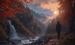 a person standing next to a stream in a forest