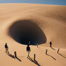 three people are standing on the sand by a cave