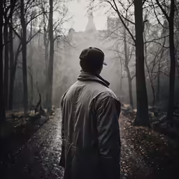 a man standing in the woods in front of a castle