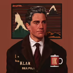 an oil painting of a man in a jacket and tie with a coffee cup
