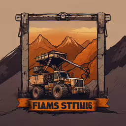 the poster shows a crane and truck,a stylized image of a farm tractor in a frame
