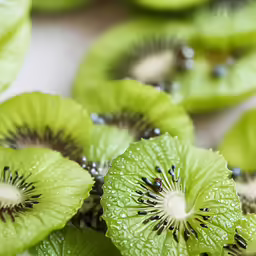 close up shot of kiwi fruits sliced in half and arranged on white surface