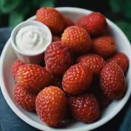 a bunch of strawberrys and a cup of yogurt are shown on a white bowl