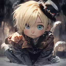 a cartoon boy with big blue eyes wearing a black hat