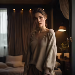 a woman is standing in front of her bedroom door