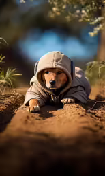 a dog in a hoodie sitting on dirt