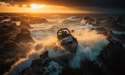 a small boat is stranded on rocks near the ocean