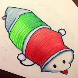 drawing of a colored christmas candy cane,an image of a christmas paper hat with a smiling face,an item that is drawn on paper with colored ink,this drawing depicts the light coming through a tube,an adorable drawing of a christmas hat