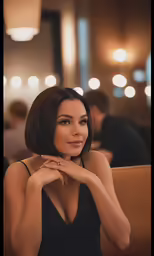 a woman sitting down in a restaurant and looking at the camera