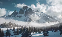 the snow covered mountains are towering above trees