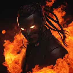 a man is wearing a black outfit with glowing eyes