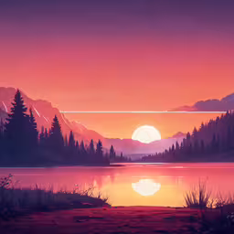 a painting of the sun setting over a lake,the landscape shows mountains, a body of water, and trees