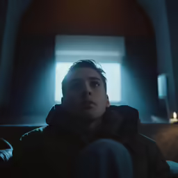 a young man sitting in the middle of a room staring off to his left