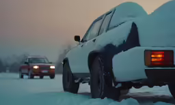 a couple of cars are on a snowy road