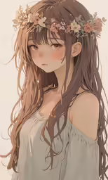a woman wearing a floral head wreath with long hair