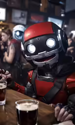 a man wearing a red costume looking at his cell phone