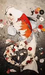 the painting depicts an image of a woman with floral clothing