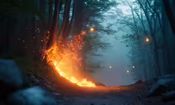 a fire blazing through the forest during a night time