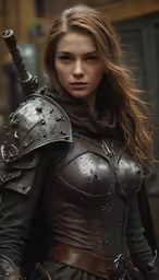 a woman in armor with a sword